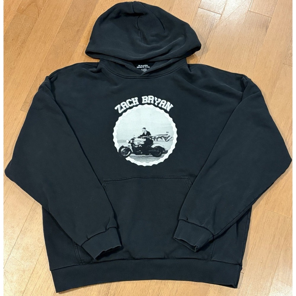 Zach Bryan Hoodie Black Motorcycle Quittin Time 2024 Tour Merch Sweatshirt XL